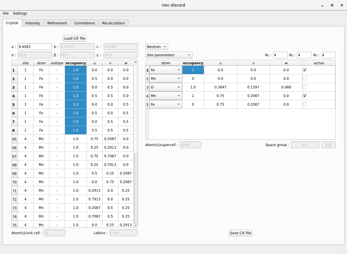 Bixbyite GUI crystal tab