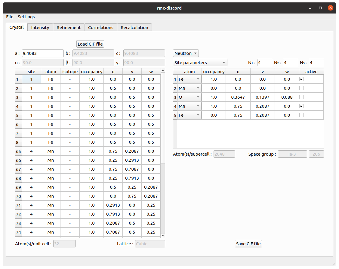 Bixbyite GUI crystal tab